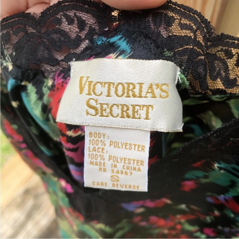 Victorias Secret Lingerie Satin Slinky Black Floral Lace Slip S Vintage 80s 90s